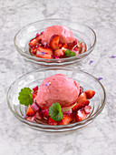 Strawberry ice cream with strawberry and rhubarb compote and ground ivy