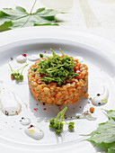 Lentil tartare with carrots, peppers, maple, and yoghurt