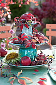Home-Made Cake Stand As Autumn Table Decoration With Apples