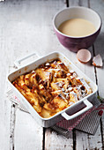 Vanilla bread and butter pudding with apricot jam