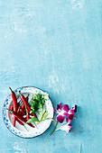 A plate of red chili peppers and fresh herbs on a plate beside several orchid flowers