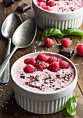 Raspberry smoothie with coconut and chocolate shrims