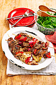 Middle Eastern Beef Skewers with White Bean Mash