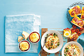 Three ways with bacon and eggs - Cheese and bacon souffle, Linguine carbonara, Mini bacon and egg cornbreads