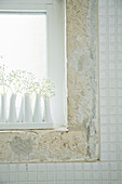 Gypsophila in white vases on windowsill