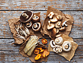 Various types of mushrooms on paper against a wooden background (top view)