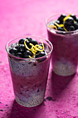 Chia pudding served with blueberries in glasses