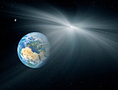 Comet passing near the Earth, illustration