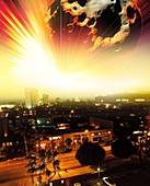 Meteorite fireball over city, artwork