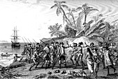 Bougainville in the Marquesas Islands in 1768, illustration