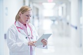 Mature nurse using digital tablet in hospital