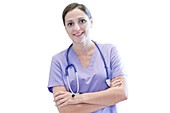 Nurse wearing purple uniform