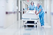 Two doctors pushing hospital bed
