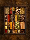 Selection of dried spices in tray