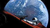 Tesla Roadster and mannequin in space
