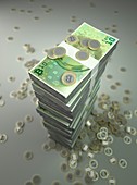 Bitcoin bills and coins, illustration