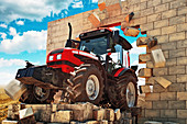 Tractor breaking through wall, conceptual image