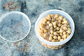 A pot of chickpeas in water for freezing