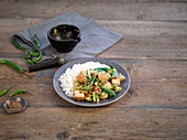 Tofuwürfel mit grünem Chili und Gemüse auf Reis (Asien)