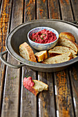 Beetroot houmous with sliced bread