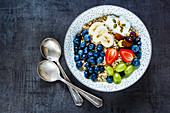 Muesli with oats and fresh fruit (seen from above)