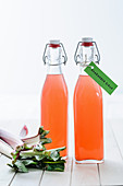 Rhubarb syrup in bottles