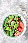 Broad beans salad with red grapefruit, pomegranate, mint and basil