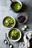 Green thai vegetable soup with cilantro and black rice noodles