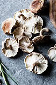 Frische Pilze auf Marmortisch (Aufsicht)