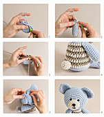 A stripped teddy being crocheted