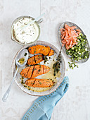 Hasselback sweet potatoes with smoked salmon and sour cream (low carb)
