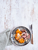 Beef tagliata with mashed pumpkin and Parmesan cheese (low carb)