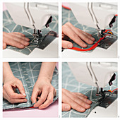 A decorative cushion being sewn by hand