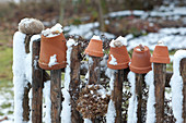 Tontöpfe mit Schneckenhäuschen und Schnee auf Gartenzaun