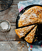 A nut crumble cake, sliced