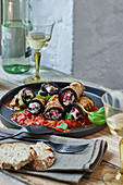Aubergine involtini with a ricotta and chard filling and tomato sauce