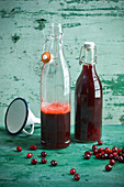 Cornelian cherry juice in bottles