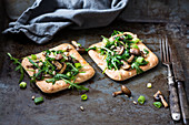 Toast with rocket, mushrooms and spring onions (vegan)
