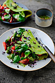 Spinach omelette with salad and pesto
