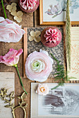 Rosa Blüten und Vintage Karten, antike Fotos und Erdbeer-Cupcakes auf Holztisch