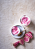A beetroot latte with Chioggia Beet (top view)