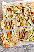 Crunchy filo pastry pizza with ricotta, carrots and zucchini