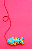 A fish shaped biscuit with blue icing against a pink background
