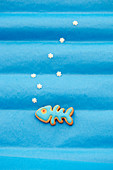 A fish shaped biscuit with blue icing against a blue background
