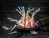 Violet-colored garlic bulbs on a vintage sieve spoon