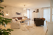 Rustic living room in shades of white and brown