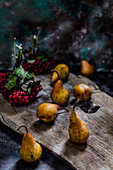 Pears on a old background and guelder rose
