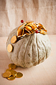 Pumpkin decorated to look like purse