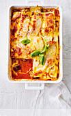 Lasagna with meatballs, sliced