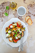 Grilled vegetable salad with olives capers and mozzarella